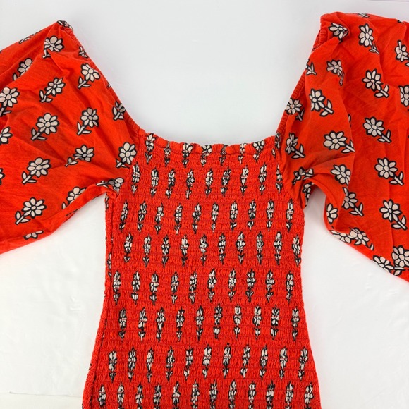 Rhode S Harper Resort Red Floral Smocked Square Neck Puff SleevesMidi Dress - Picture 6 of 13